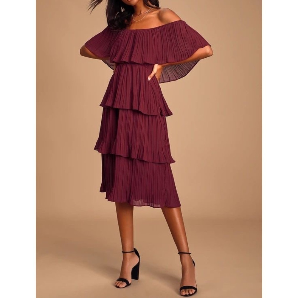 Entro Gala Pleated Off The Shoulder Ruffle Midi Dress Wine Red - Picture 1 of 9